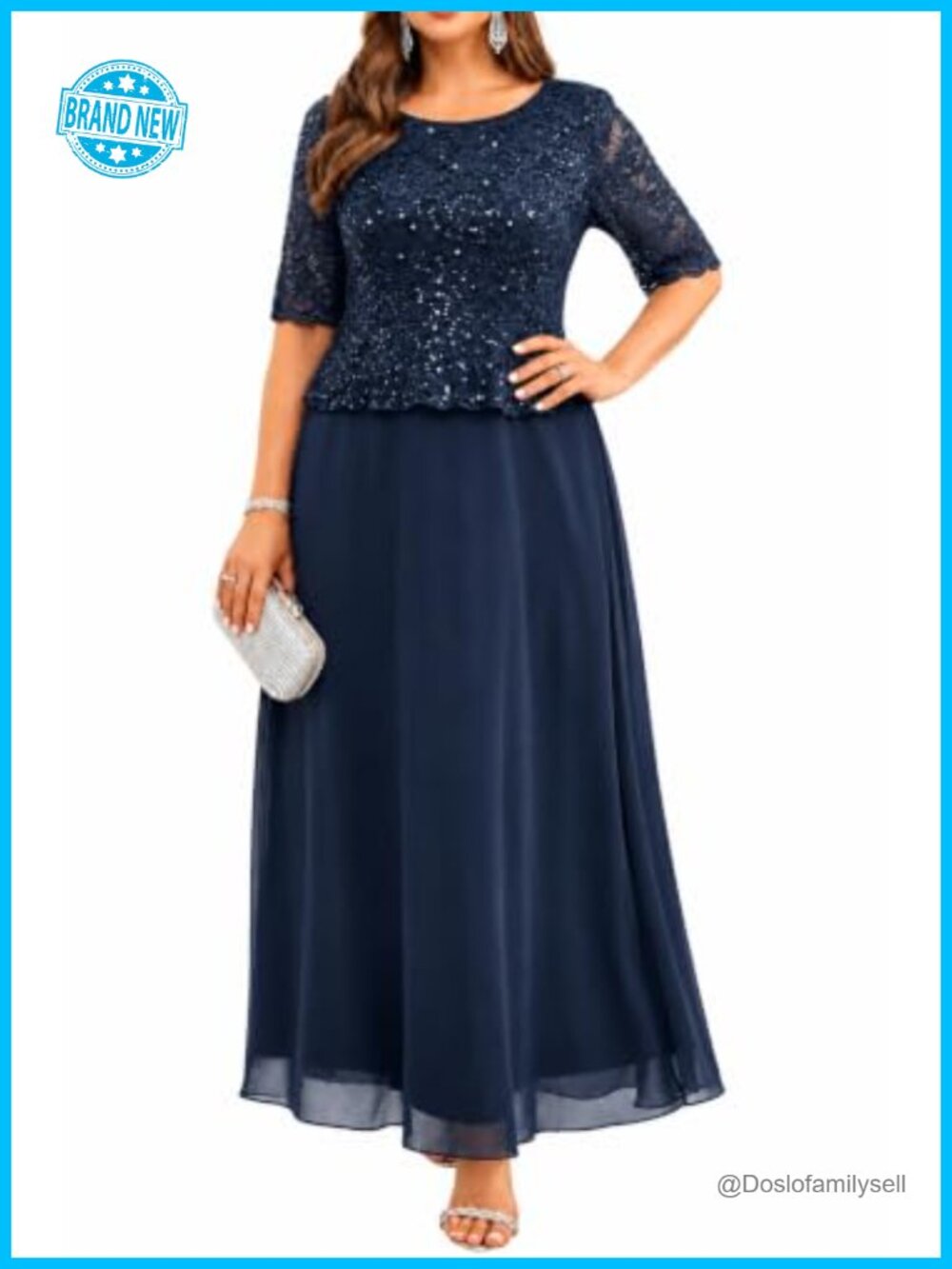 Plus Size Sequin Lace Formal Maxi Dress 3/4 Sleeve A-Line Mother of Bride